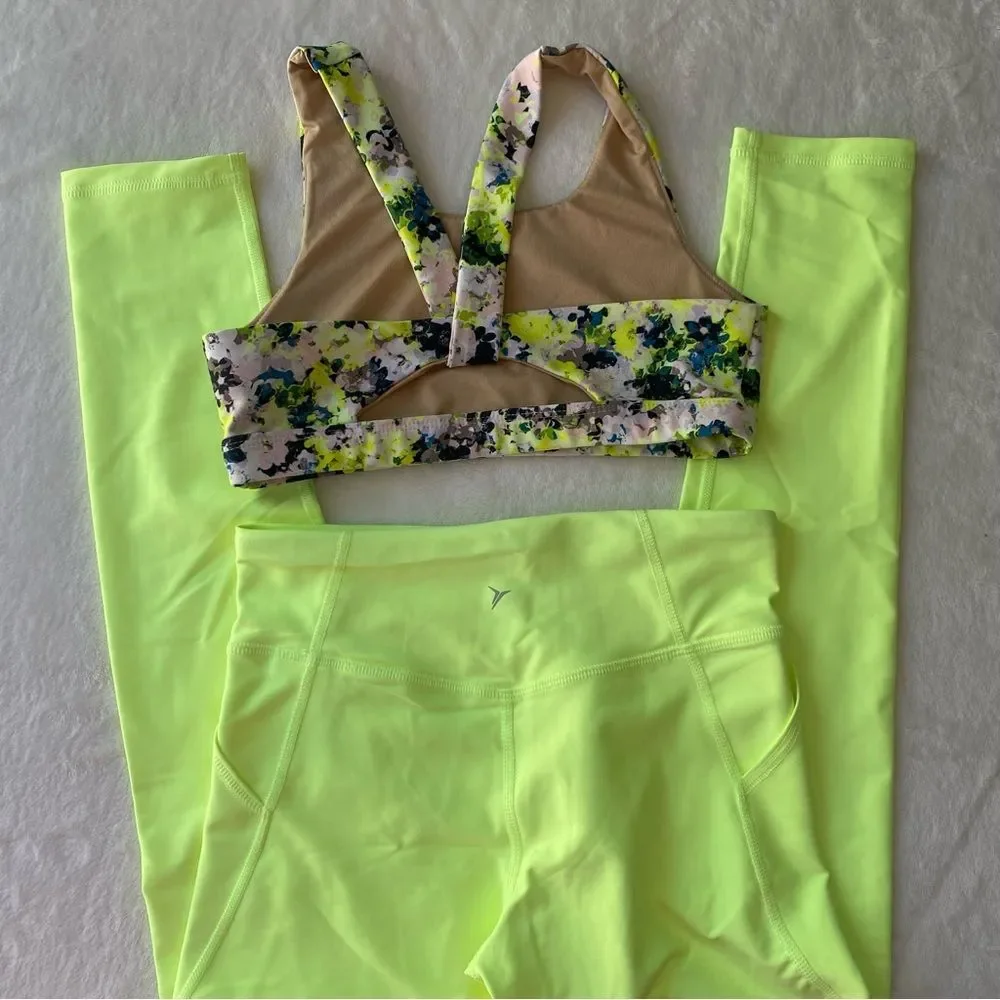 Old‎ Navy PowerSoft Leggings and Sports bra Set Neon Yellow Active Size 10/12